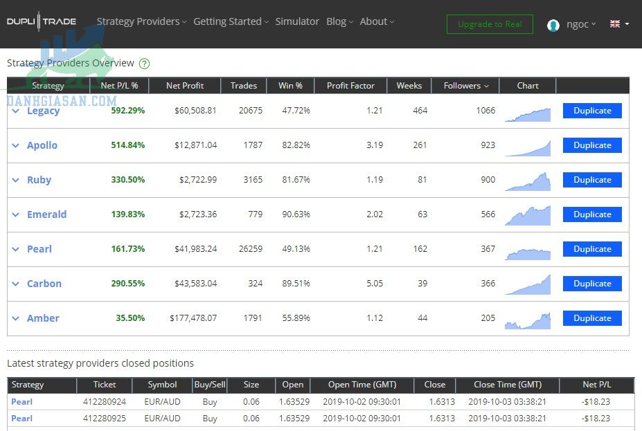 Giao diện DupliTrade trên web