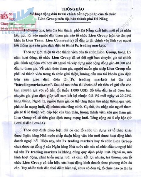 Tổ chức tài chính Lion Group lừa đảo với mức lãi suất khủng-Văn bản cảnh báo của Công an TP.Đà Nẵng