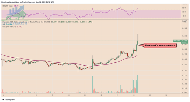 Dogecoin tăng 25% sau khi được Tesla chấp nhận thanh toán - ngày 17/01/2022